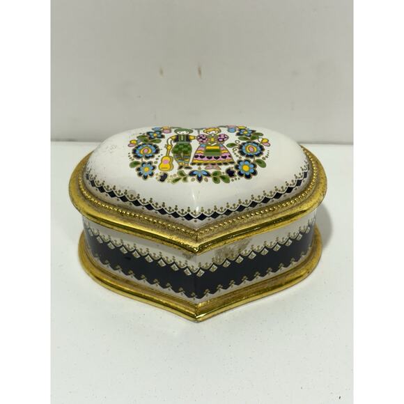 Sankyo Japan Heart Shape Design Musical Trinket Box White Blue Gold Hand Painted - Picture 1 of 8